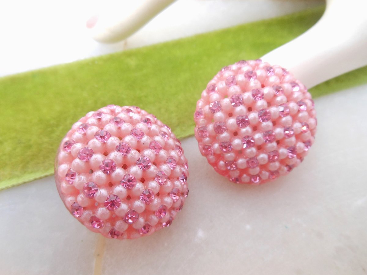 Vintage Pink Rhinestone Earrings Clip On Plastic Dome Retro Kitsch Mid Century Jewelry Gift, VivianJoel.com