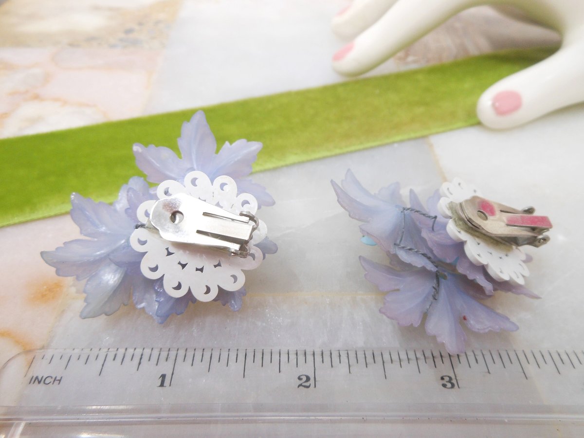 Vintage Jumbo Trembler Earrings Flower Clip On Blue Plastic Rhinestone Cluster Celluloid Jewelry Gift, VivianJoel.com