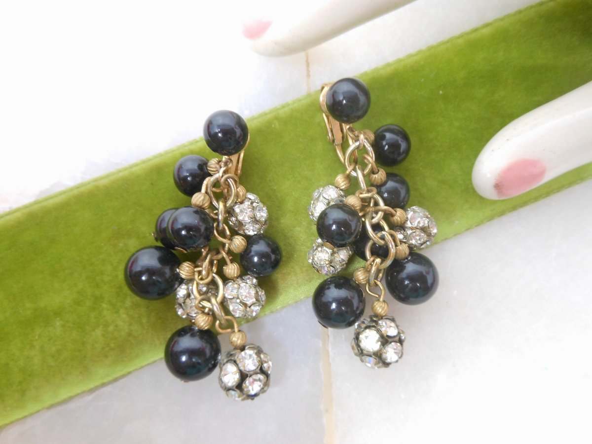 Vintage Cha Cha Bead Earrings Clip On Rhinestone Dangle Drop Chandelier Black Clear Jewelry Mid Century Gift, VivianJoel.com