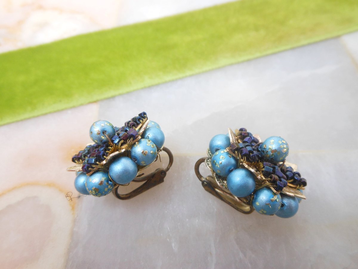 Vintage Flower Earrings Beaded Clip On Cluster Tiny Wired Bead Satin Blue Glass JAPAN Mid Century Jewelry, VivianJoel.com