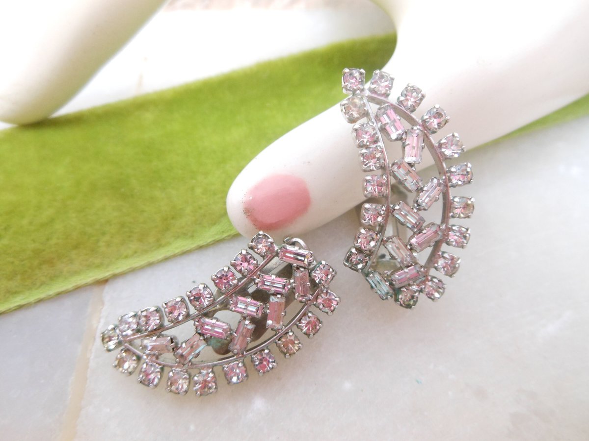 Vintage WEST GERMANY Rhinestone Earrings Clip On Ear Climbers Ice Clear Crystal Wedding Jewelry Mid Century Gift, VivianJoel.com