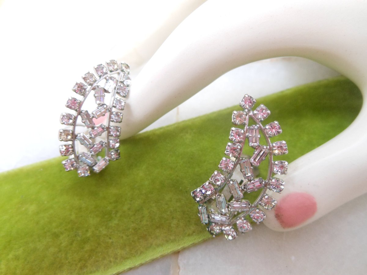 Vintage WEST GERMANY Rhinestone Earrings Clip On Ear Climbers Ice Clear Crystal Wedding Jewelry Mid Century Gift, VivianJoel.com