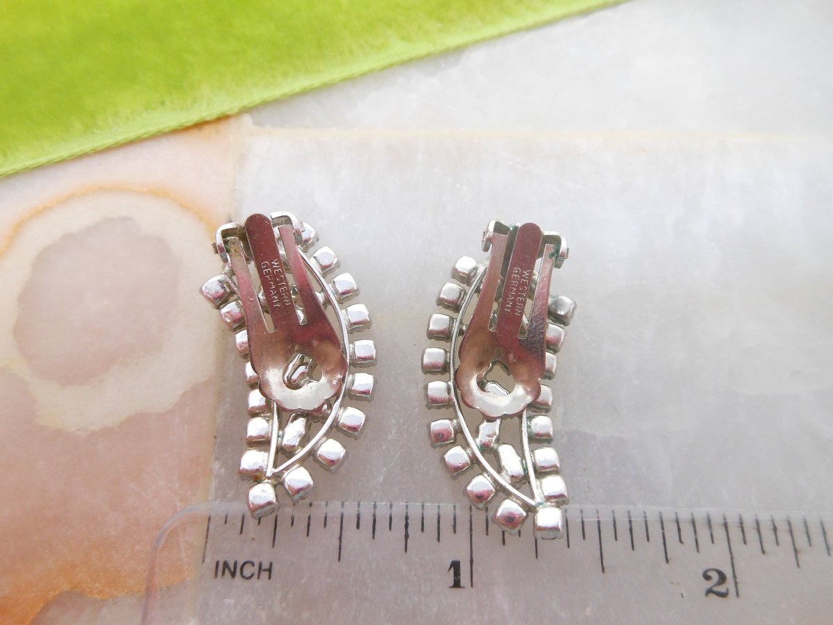 Vintage WEST GERMANY Rhinestone Earrings Clip On Ear Climbers Ice Clear Crystal Wedding Jewelry Mid Century Gift, VivianJoel.com