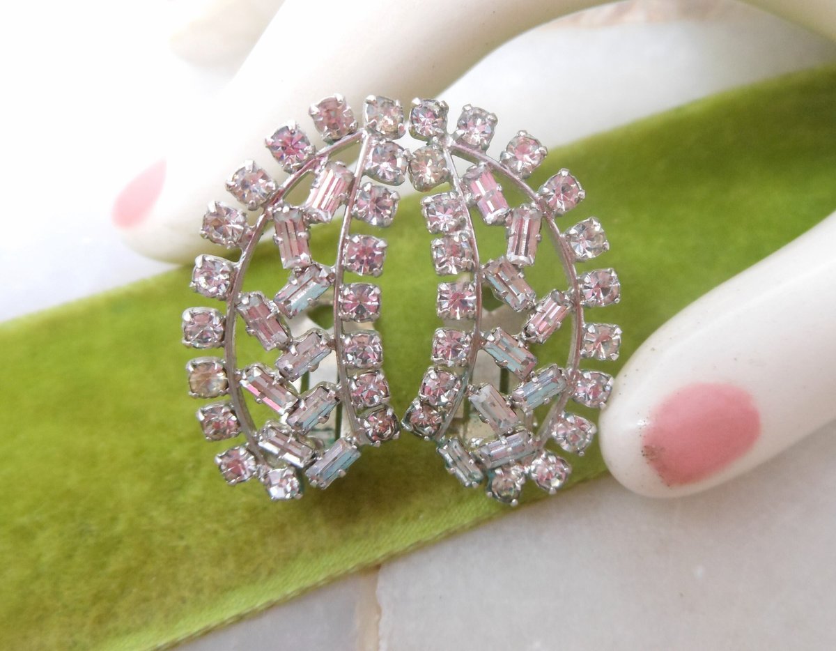 Vintage WEST GERMANY Rhinestone Earrings Clip On Ear Climbers Ice Clear Crystal Wedding Jewelry Mid Century Gift, VivianJoel.com