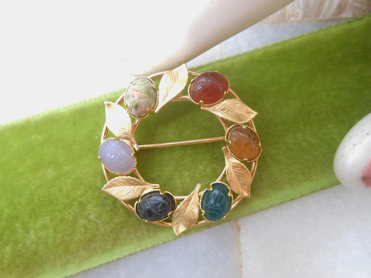 Vintage Designer Gemstone Scarab Wreath Brooch KL 12KT Gold Fill Pin GF Filled Charles Rothman Mid Century Jewelry Gift, VivianJoel.com