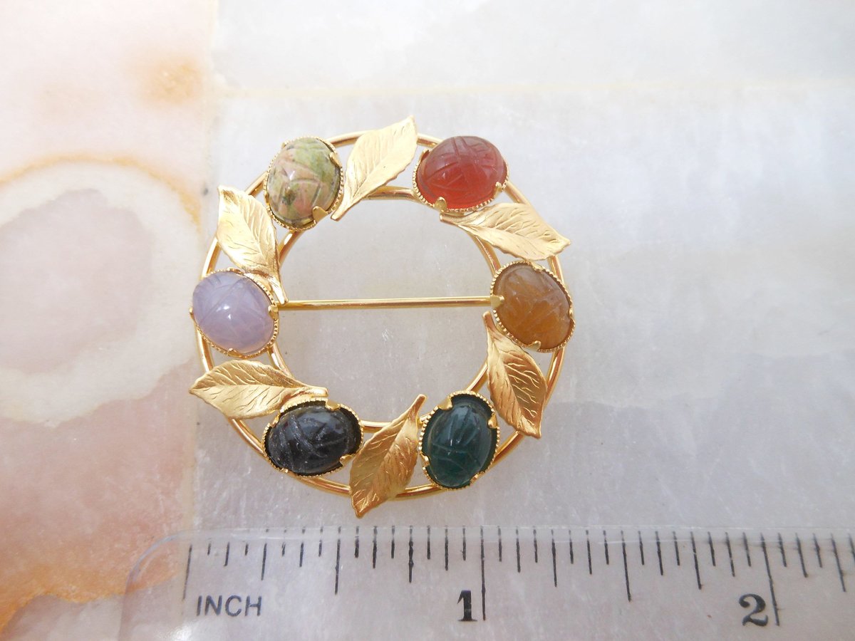 Vintage Designer Gemstone Scarab Wreath Brooch KL 12KT Gold Fill Pin GF Filled Charles Rothman Mid Century Jewelry Gift, VivianJoel.com