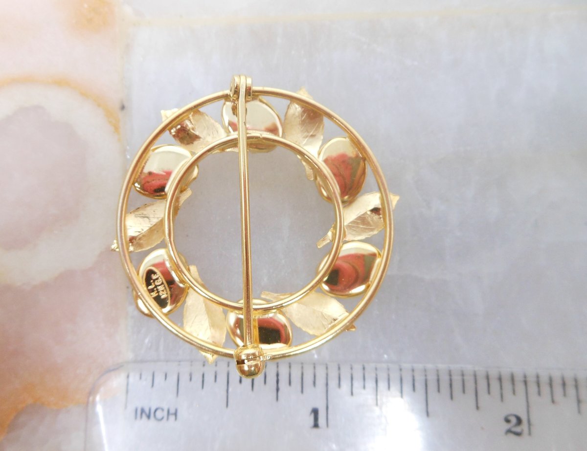 Vintage Designer Gemstone Scarab Wreath Brooch KL 12KT Gold Fill Pin GF Filled Charles Rothman Mid Century Jewelry Gift, VivianJoel.com