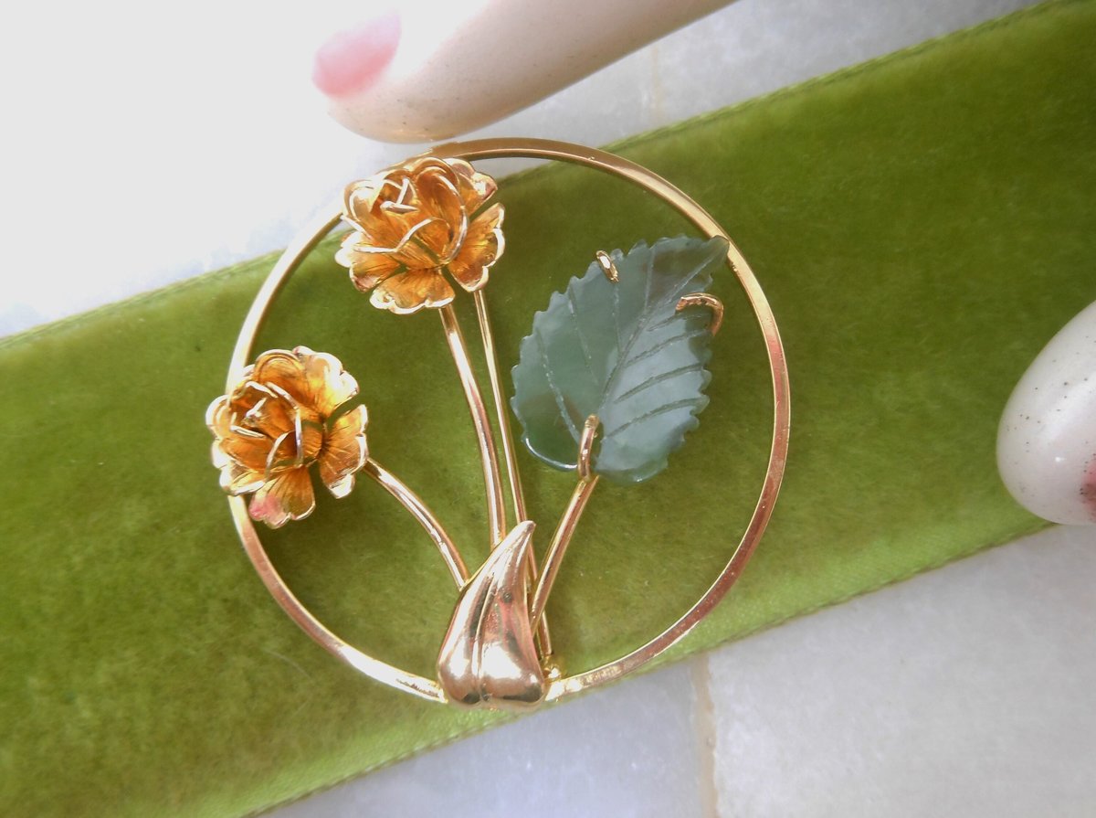 Vintage SORRENTO Jade Brooch Gold Fill 12K Pin Flower Rose Designer Wreath GF Mid Century Jewelry Gift, VivianJoel.com