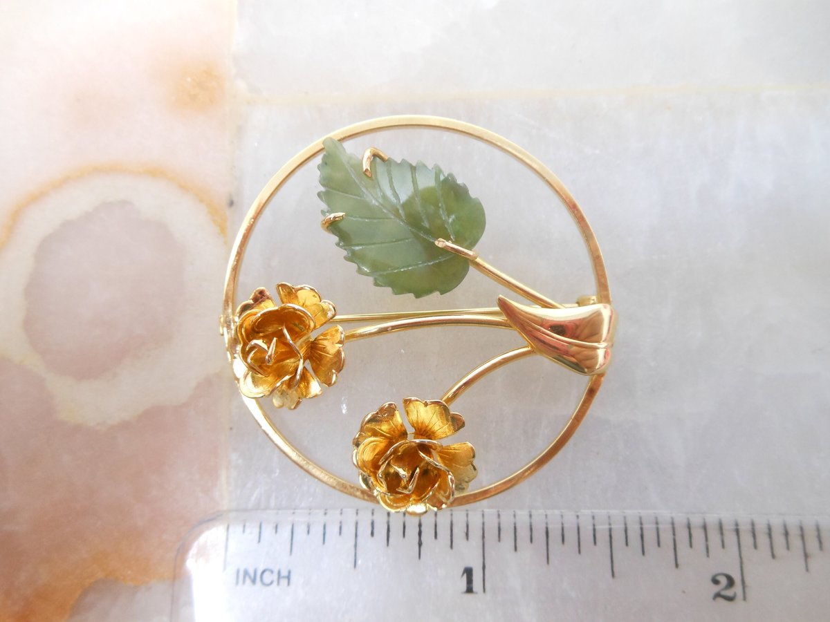 Vintage SORRENTO Jade Brooch Gold Fill 12K Pin Flower Rose Designer Wreath GF Mid Century Jewelry Gift, VivianJoel.com