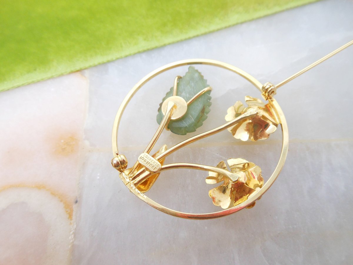 Vintage SORRENTO Jade Brooch Gold Fill 12K Pin Flower Rose Designer Wreath GF Mid Century Jewelry Gift, VivianJoel.com
