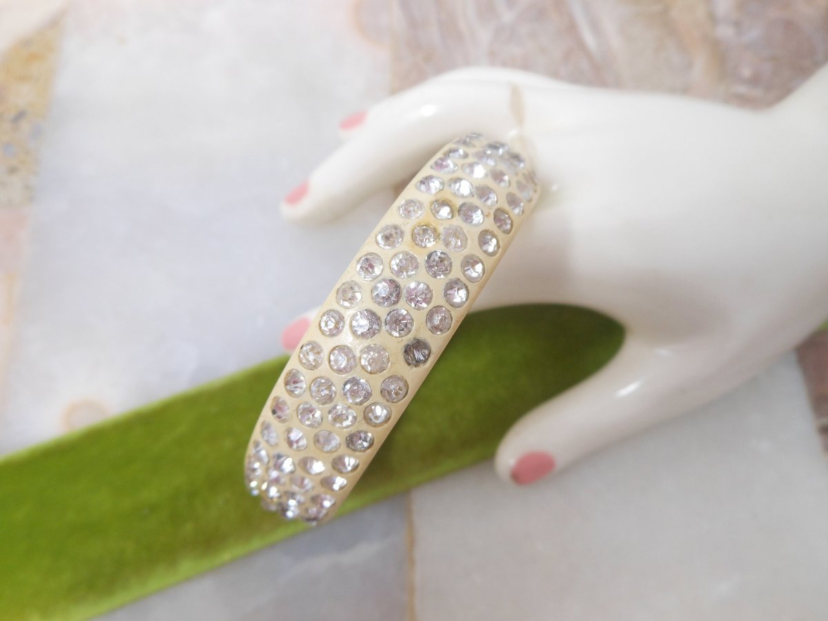 Vintage Art Deco Rhinestone Bracelet Bangle BAKELITE ERA Celluloid 4 Row Art Deco Old Plastic Mid Century, VivianJoel.com