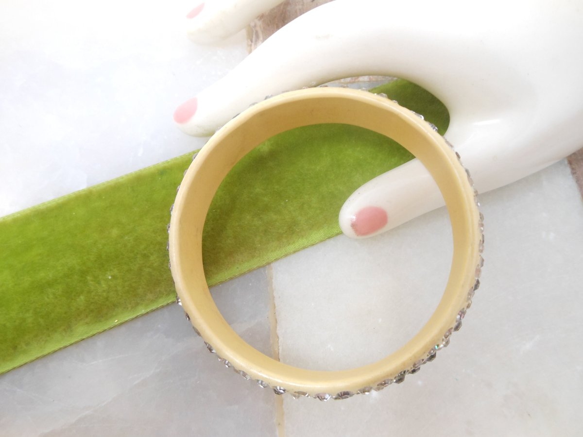 Vintage Art Deco Rhinestone Bracelet Bangle BAKELITE ERA Celluloid 4 Row Art Deco Old Plastic Mid Century, VivianJoel.com