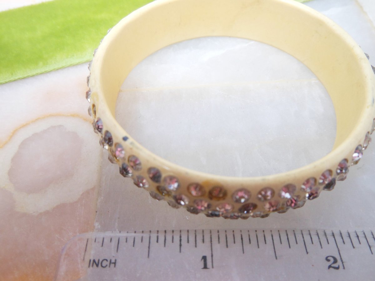 Vintage Art Deco Rhinestone Bracelet Bangle BAKELITE ERA Celluloid 4 Row Art Deco Old Plastic Mid Century, VivianJoel.com