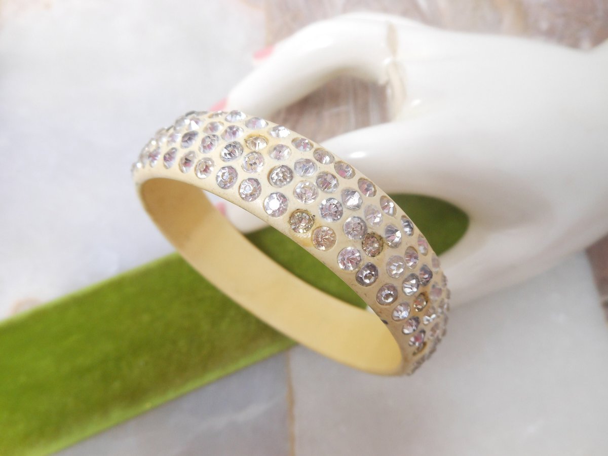 Vintage Art Deco Rhinestone Bracelet Bangle BAKELITE ERA Celluloid 4 Row Art Deco Old Plastic Mid Century, VivianJoel.com