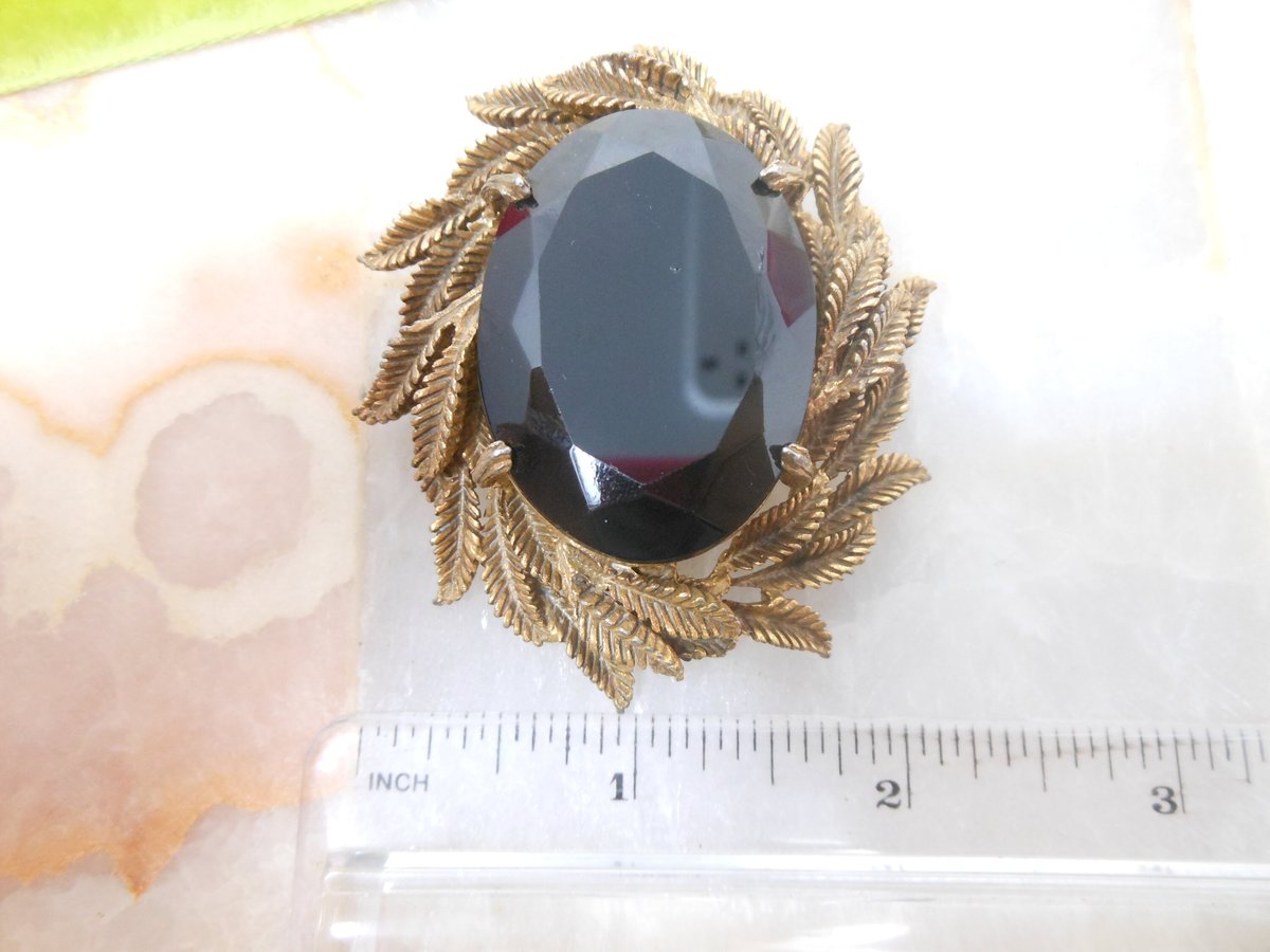 Vintage Jumbo Mourning Brooch Black Glass Pin Large Ornate Setting Mid Century Regency Victorian Revival Goth Jewelry Gift, VivianJoel.com