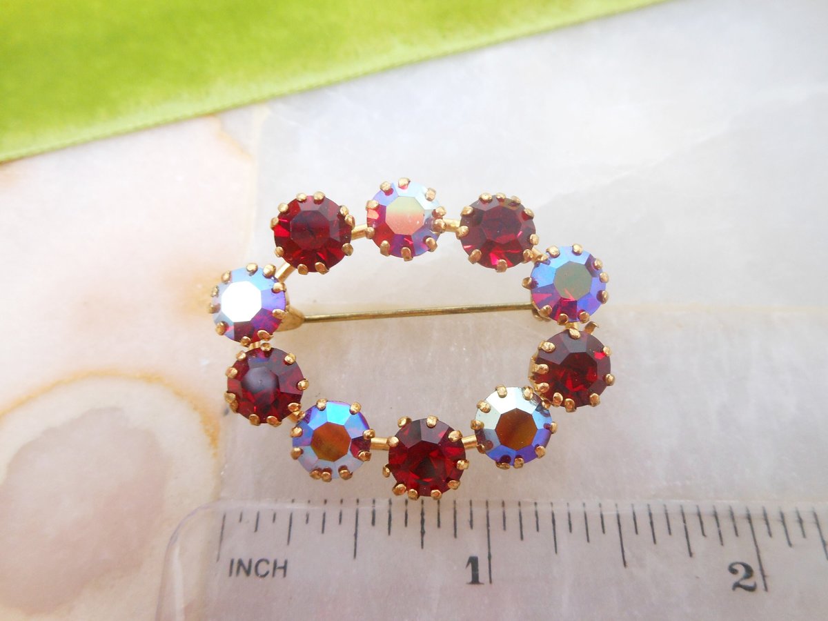 Vintage AUSTRIA Red Rhinestone Brooch Crystal Pin Oval Aurora Borealis Mid Century Jewelry, VivianJoel.com