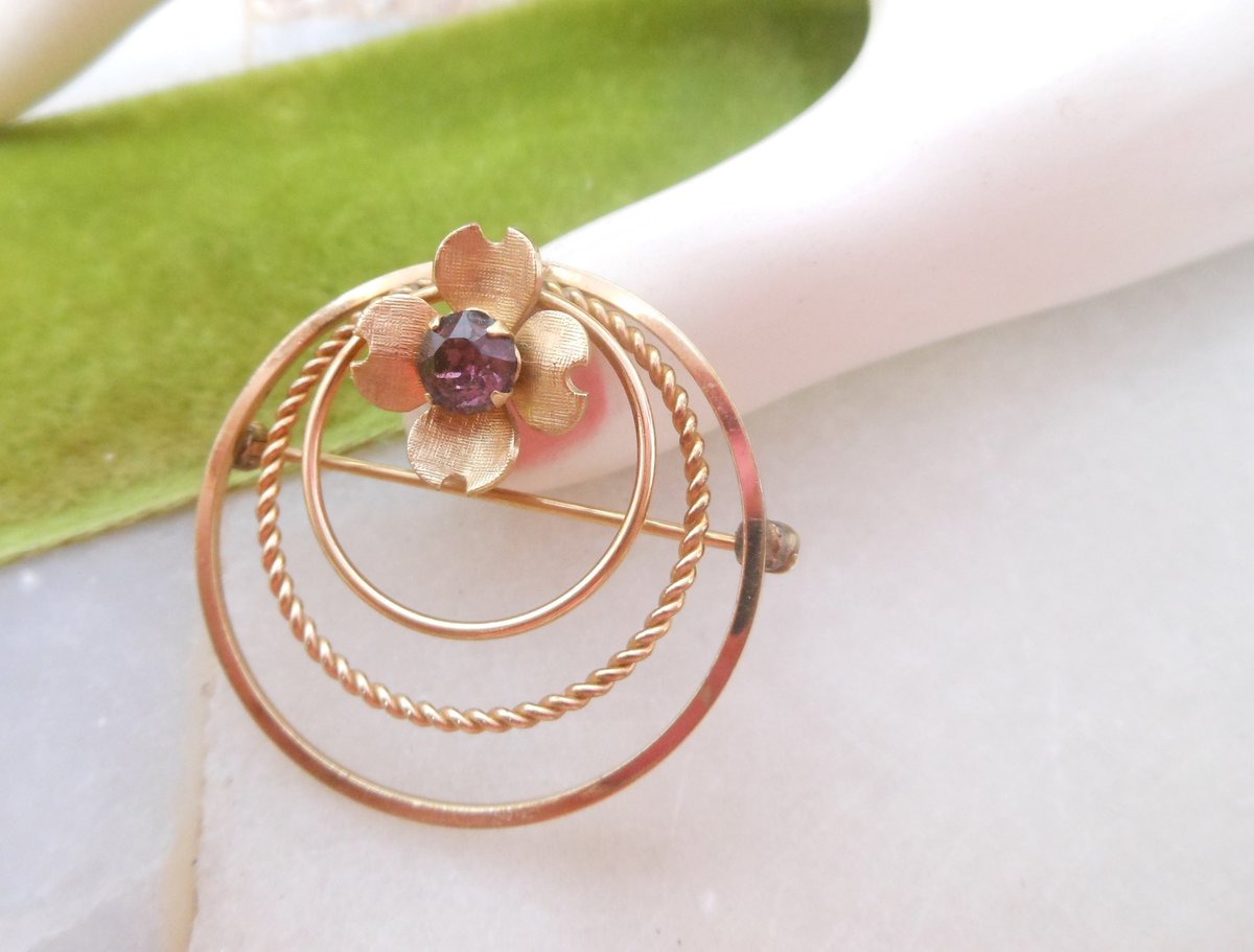 Vintage VAN DELL Circle Brooch Wreath Amethyst  Purple Crystal Gold Fill 12K Designer Pin GF Petite Mid Century Jewelry Gift, VivianJoel.com
