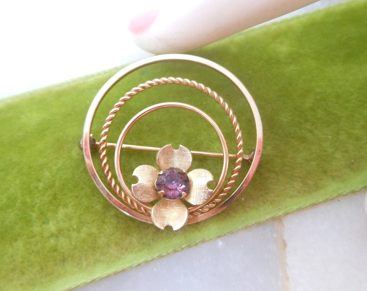 Vintage VAN DELL Circle Brooch Wreath Amethyst  Purple Crystal Gold Fill 12K Designer Pin GF Petite Mid Century Jewelry Gift, VivianJoel.com