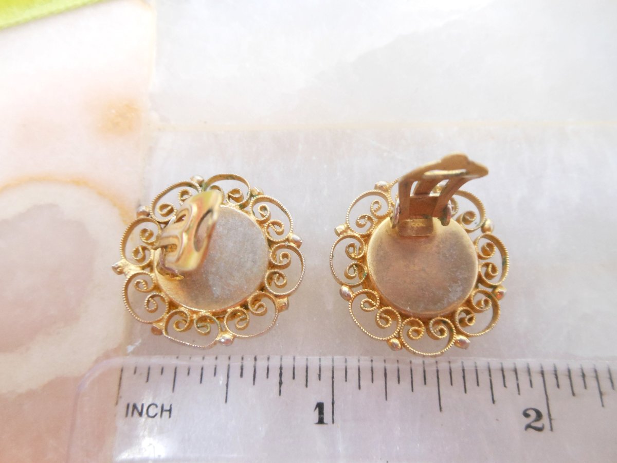 Vintage Flower Micro Mosaic Art Glass Tile Earrings Clip On Ornate Filigree Micromosaic Mid Century Jewelry Gift, VivianJoel.com