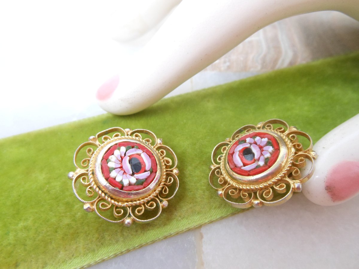 Vintage Flower Micro Mosaic Art Glass Tile Earrings Clip On Ornate Filigree Micromosaic Mid Century Jewelry Gift, VivianJoel.com