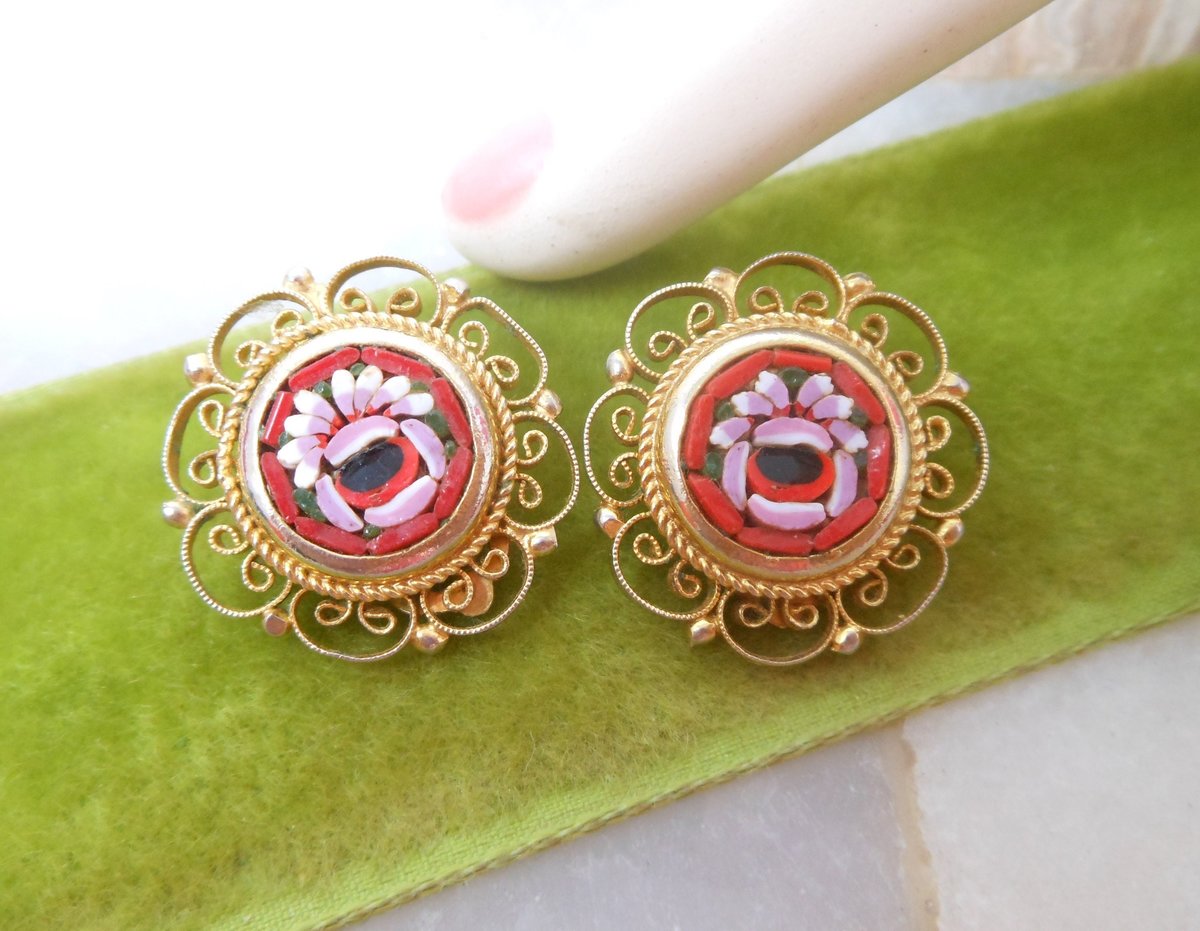 Vintage Flower Micro Mosaic Art Glass Tile Earrings Clip On Ornate Filigree Micromosaic Mid Century Jewelry Gift, VivianJoel.com