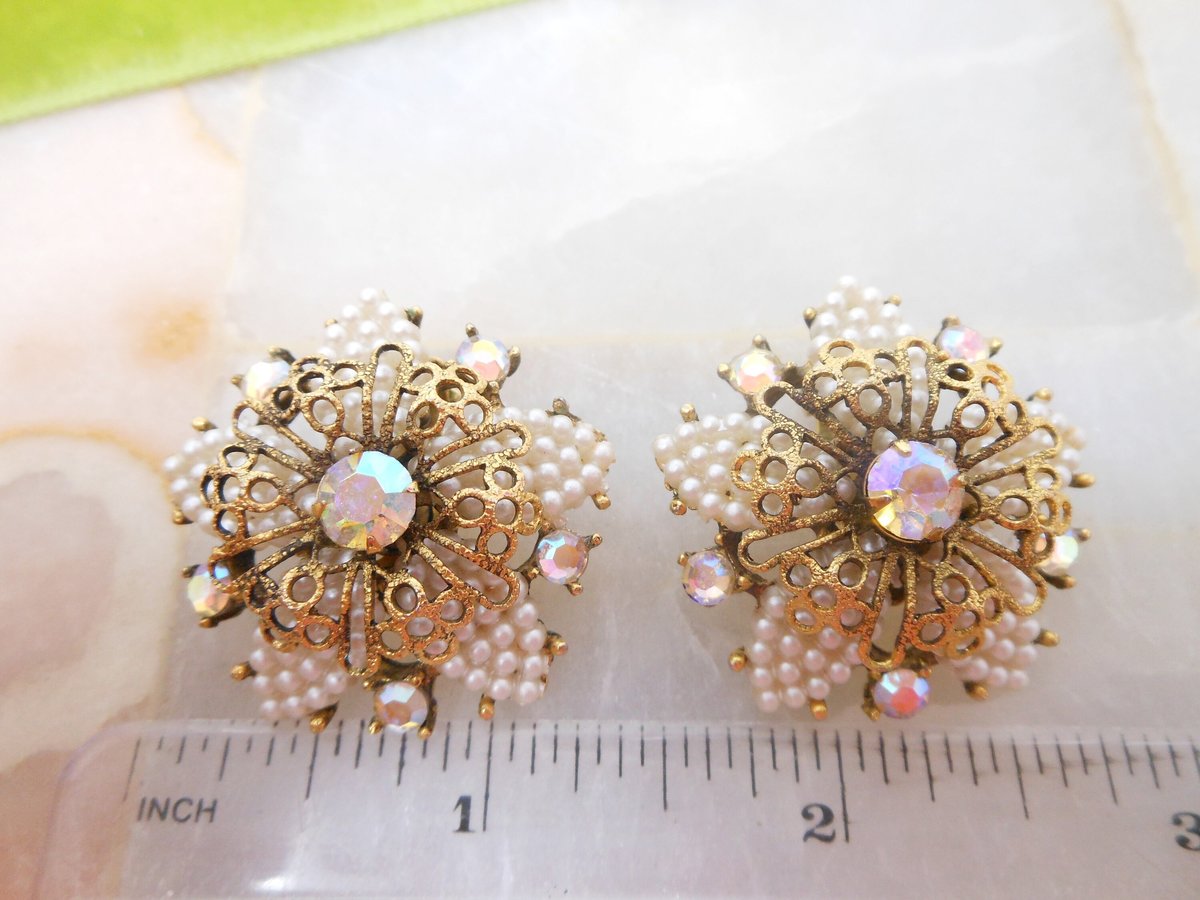 Vintage SELINI Rhinestone Flower Earrings Clip On Tiny Faux Pearl Ornate Cluster Designer Wedding SELRO Mid Century Jewelry, VivianJoel.com