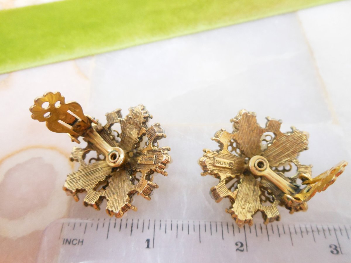 Vintage SELINI Rhinestone Flower Earrings Clip On Tiny Faux Pearl Ornate Cluster Designer Wedding SELRO Mid Century Jewelry, VivianJoel.com