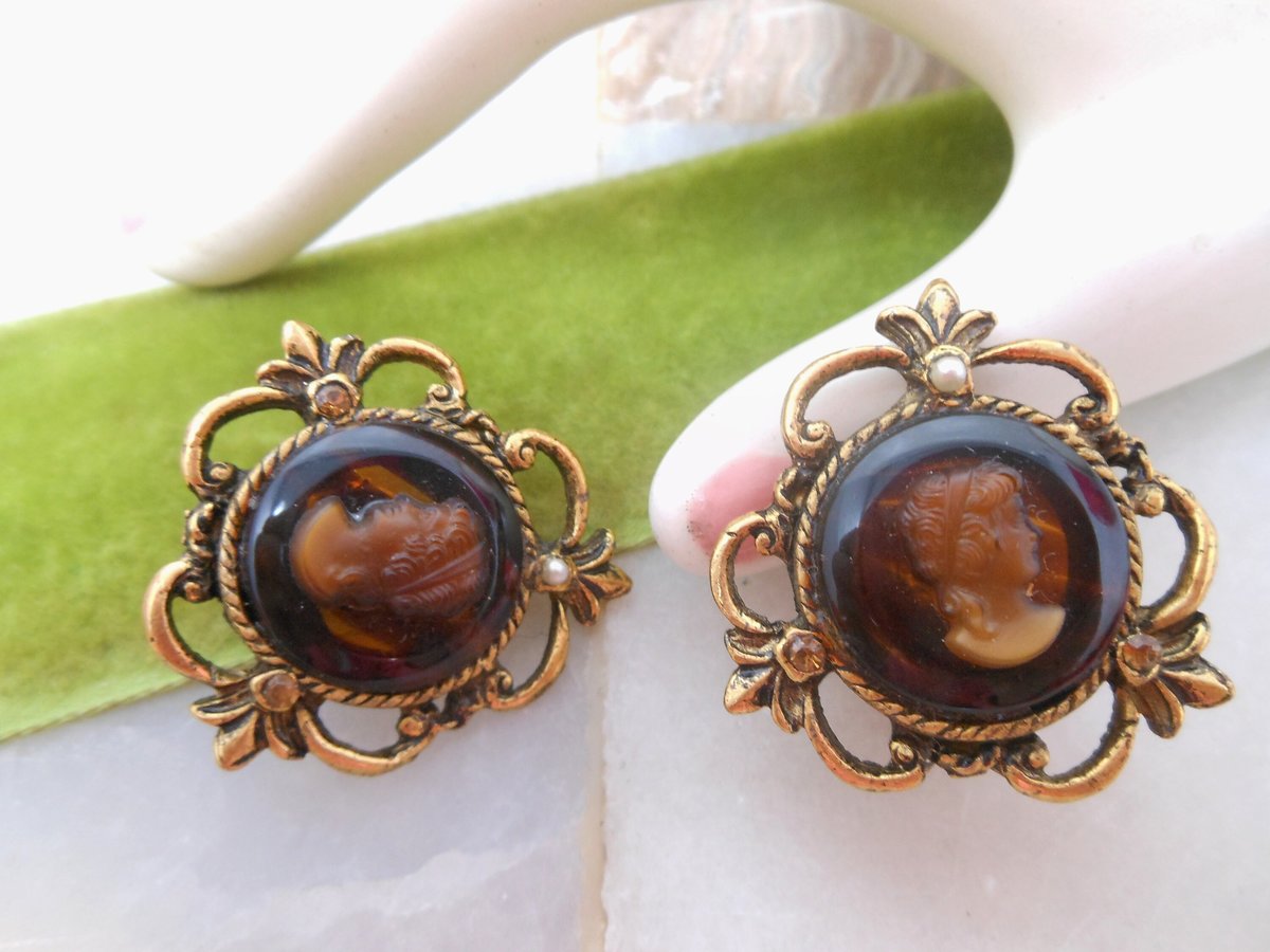 Vintage Glass Cameo Earrings Clip On Chunky Rhinestone Pearl Ornate Regency Revival Mid Century Jewelry Gift, VivianJoel.com