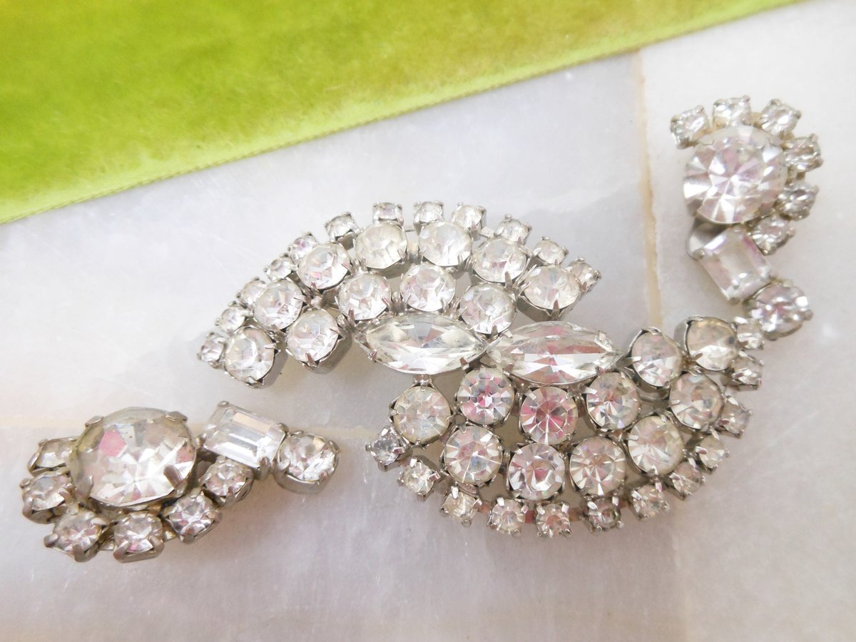 Vintage Old Hollywood Glam Brooch Earrings Set Ice Clear Crystal Pin Rhinestone Mid Century Jewelry Gift, VivianJoel.com