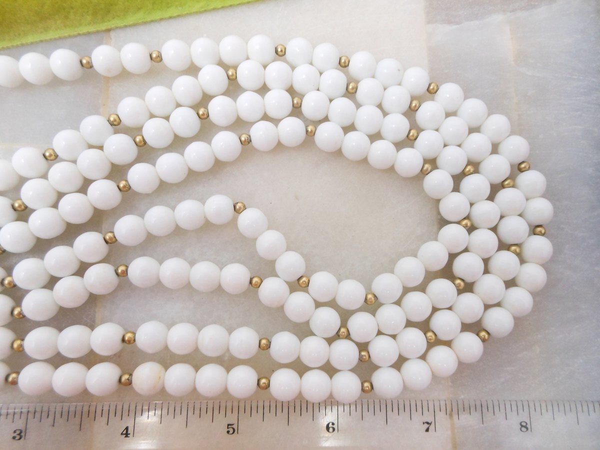 Vintage White Milk Glass Bead Necklace Collar 4 Strand Enamel Frog Clasp Mid Century Jewelry Summer Gift, VivianJoel.com