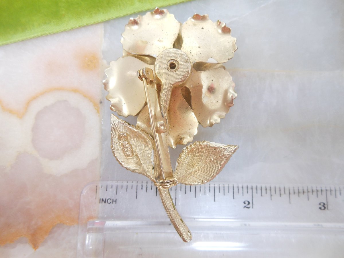 Vintage CORO Flower Designer Brooch White Enamel Pin Ruffled Petal Faux Pearl Jewelry Mid Century, VivianJoel.com