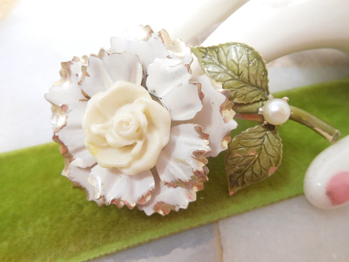Vintage CORO Flower Designer Brooch White Enamel Pin Ruffled Petal Faux Pearl Jewelry Mid Century, VivianJoel.com