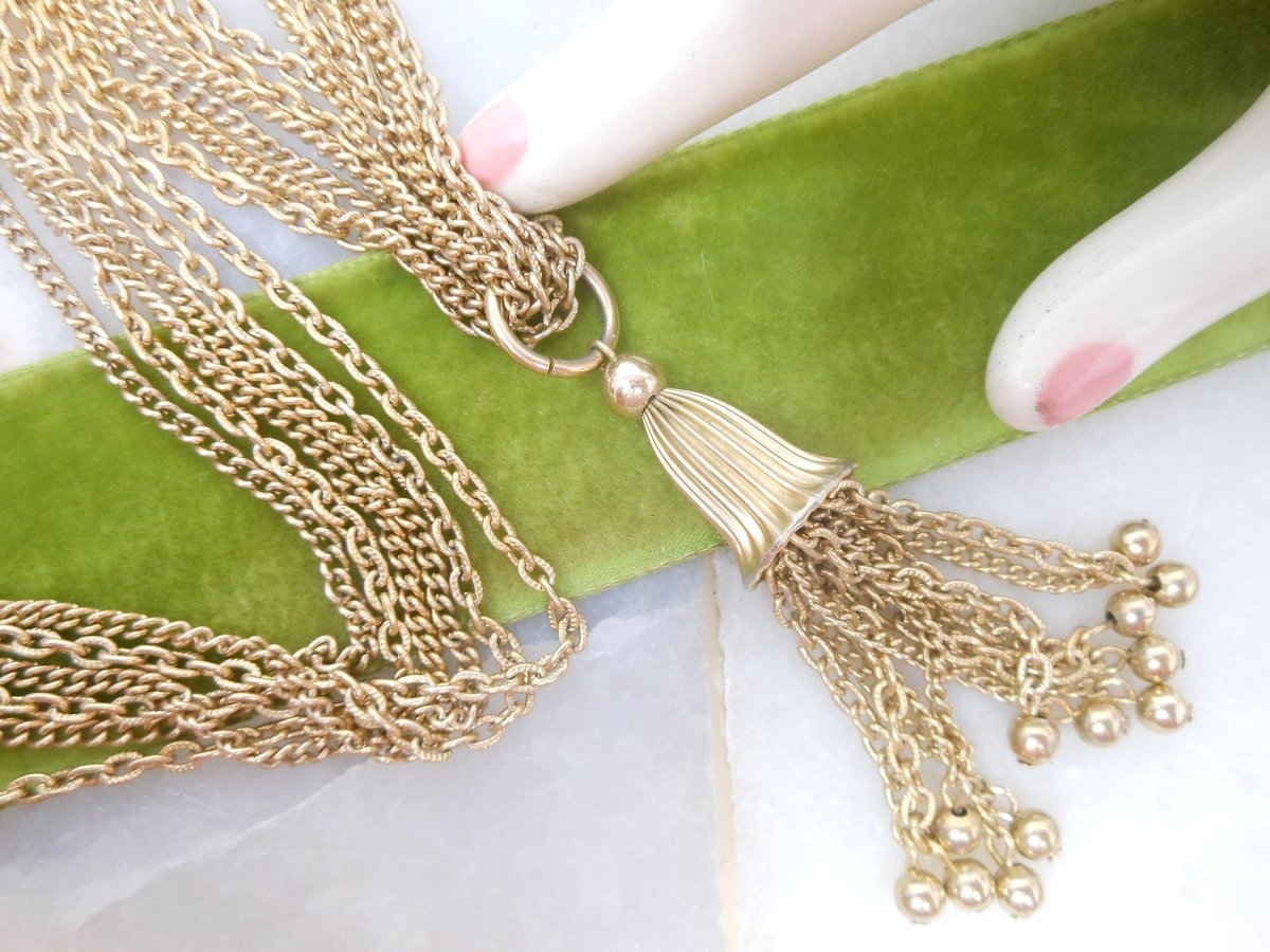 Vintage MARVELLA Pendant Necklace Fringe Chain Tassel Multi Strand Swingy Designer Mid Century Jewelry Gift, VivianJoel.com