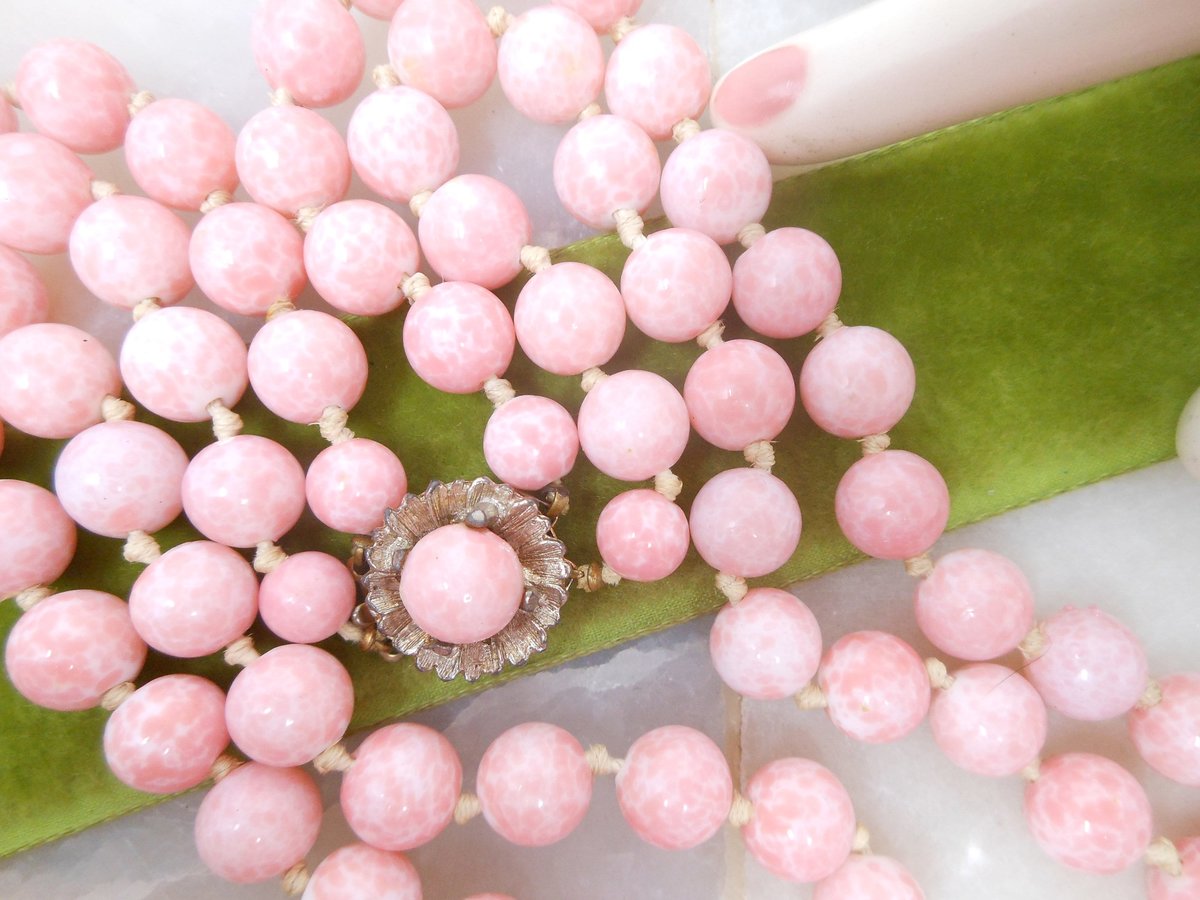 Vintage Pink Art Glass Bead Necklace Two Strand Mottled Peking Jewelry Gift Mid Century, VivianJoel.com