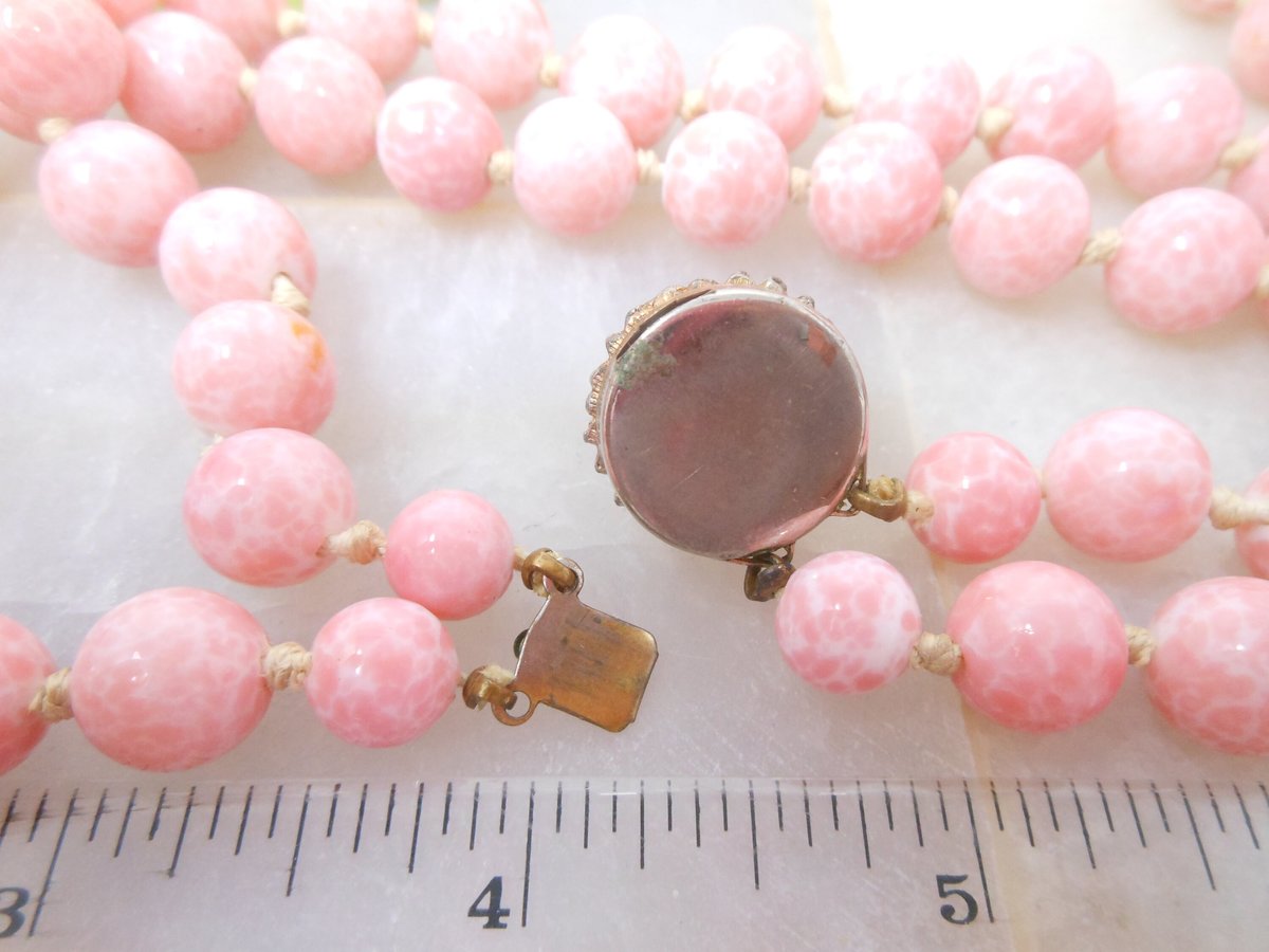Vintage Pink Art Glass Bead Necklace Two Strand Mottled Peking Jewelry Gift Mid Century, VivianJoel.com