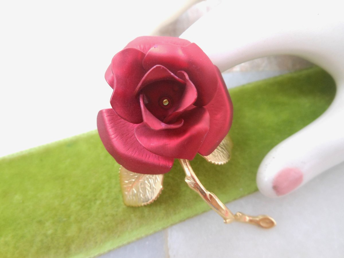 Vintage Red Rose Enamel Flower Pin Brooch Mid Century Designer Jewelry Mid Century Gift, VivianJoel.com