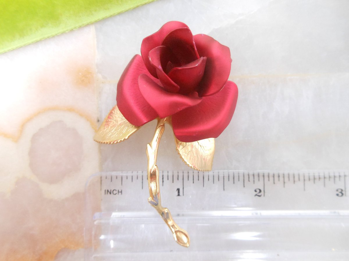 Vintage Red Rose Enamel Flower Pin Brooch Mid Century Designer Jewelry Mid Century Gift, VivianJoel.com