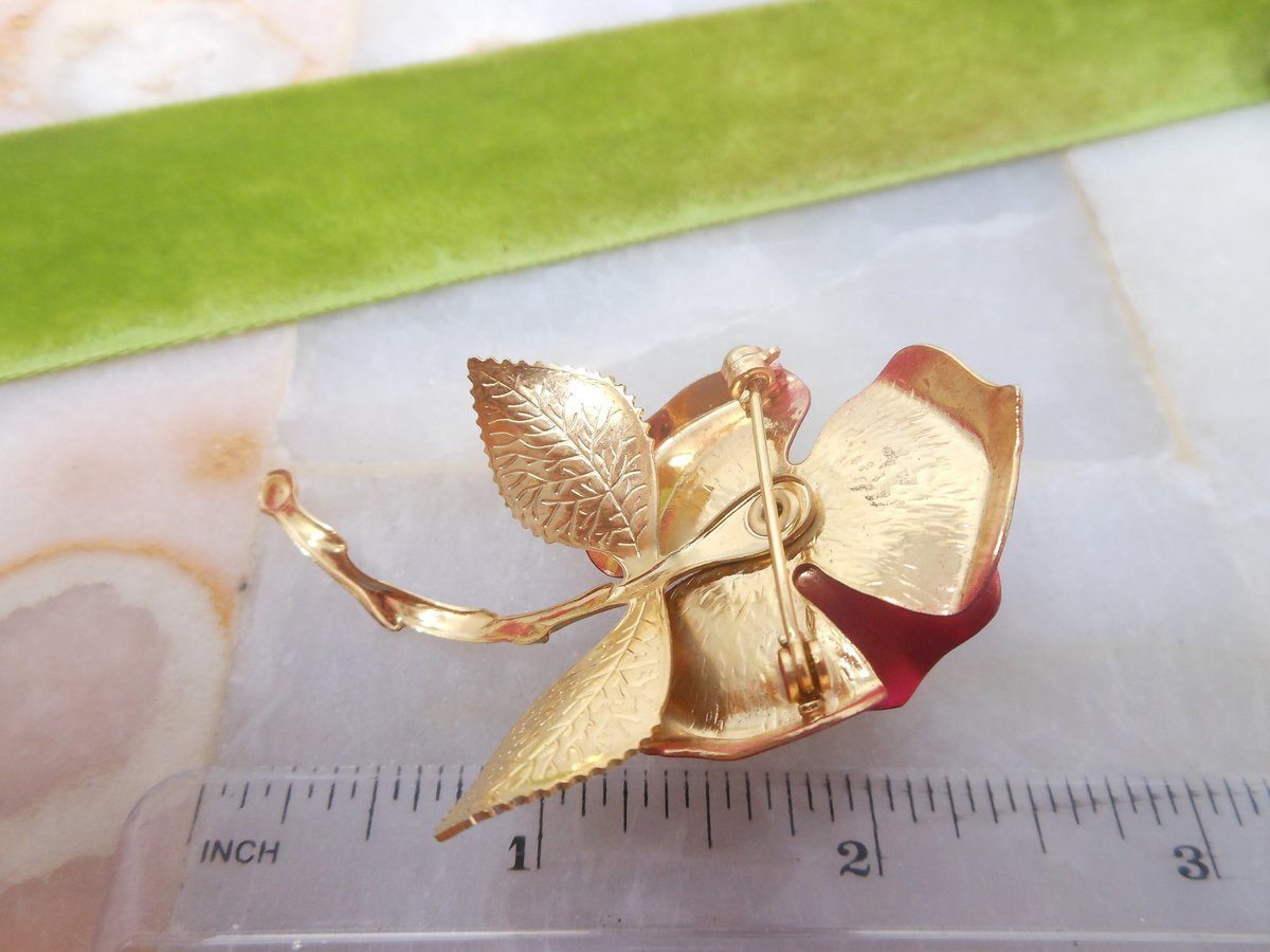Vintage Red Rose Enamel Flower Pin Brooch Mid Century Designer Jewelry Mid Century Gift, VivianJoel.com