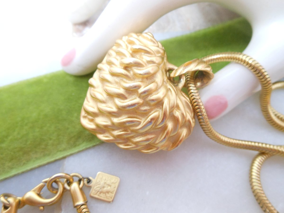 Vintage ANNE KLEIN Pendant Necklace Chunky Heart Swingy Chain Gold Plate Modernist Designer Logo Jewelry Gift, VivianJoel.com