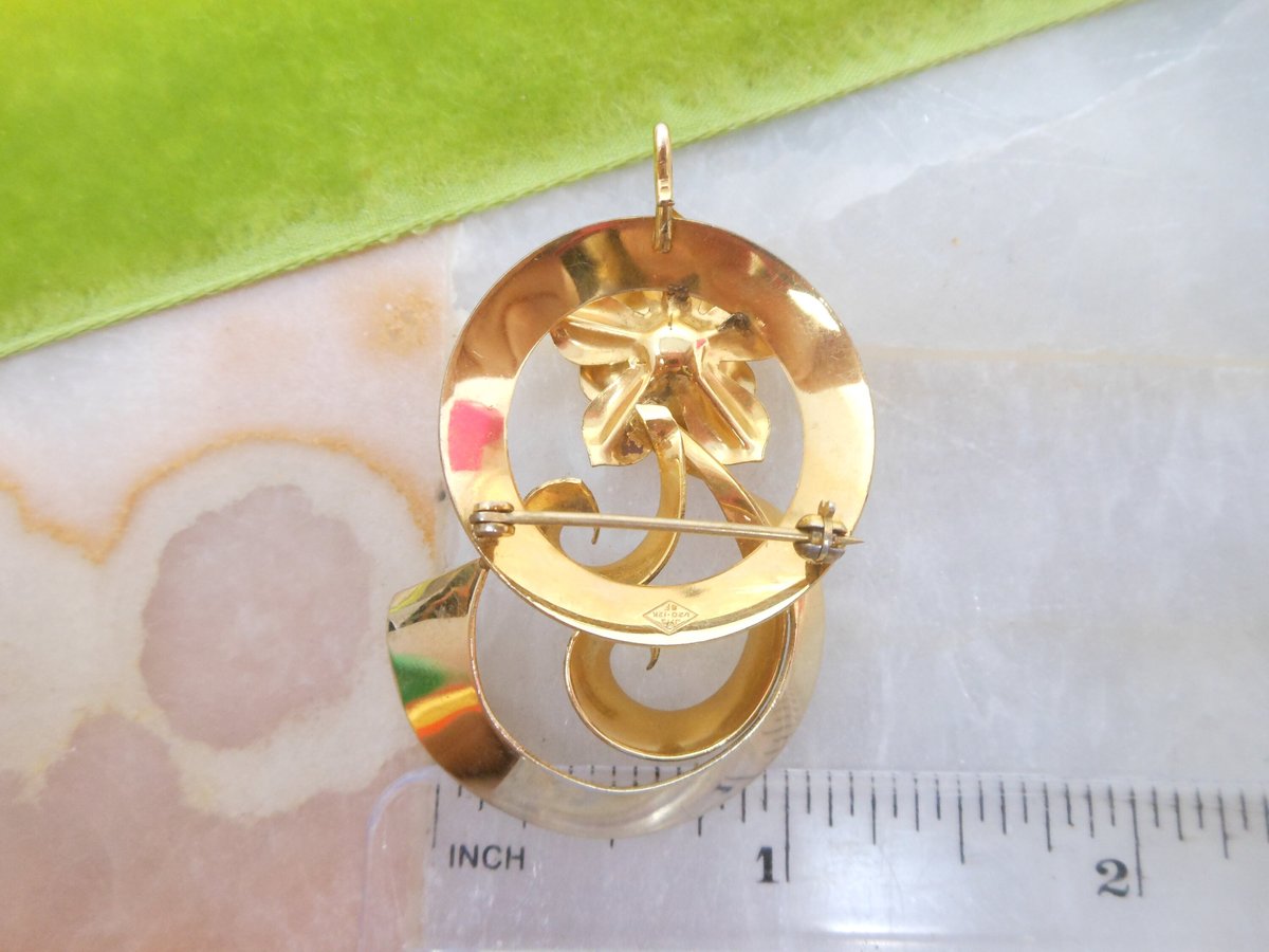 Vintage JMS Brooch Gold Fill Designer Pin Flower Pendant Swirl Ribbon GF Mid Century Jewelry Gift, VivianJoel.com