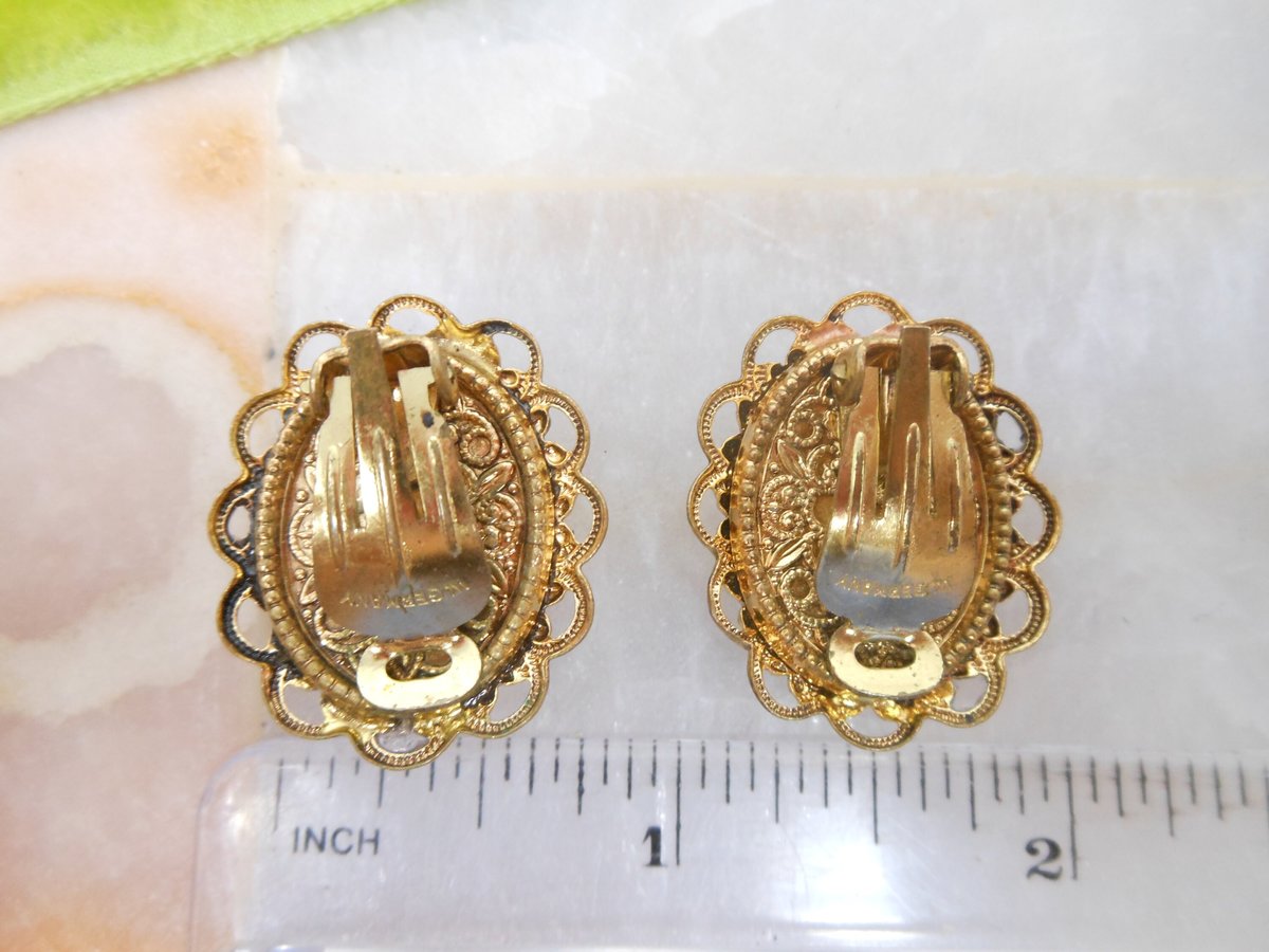 Vintage WEST GERMANY Flower Ornate Earrings Clip On Textured Glass Filigree Victorian Revival Jewelry Gift Mid Century, VivianJoel.com