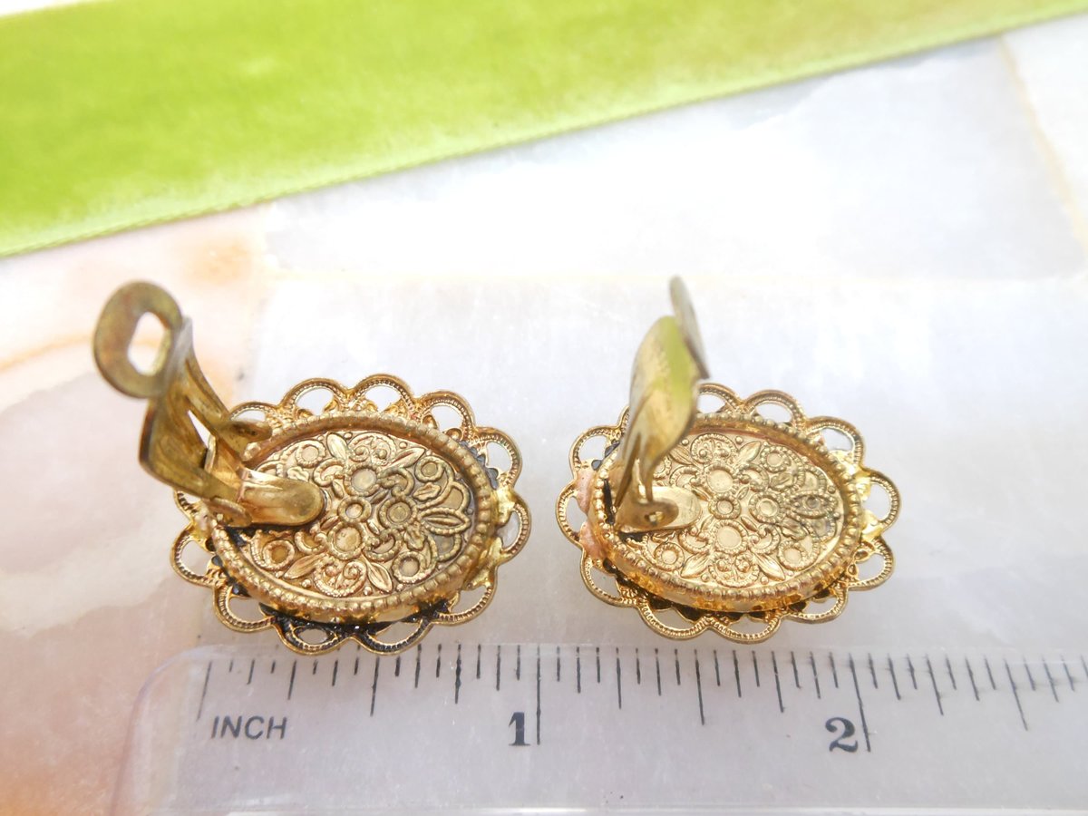 Vintage WEST GERMANY Flower Ornate Earrings Clip On Textured Glass Filigree Victorian Revival Jewelry Gift Mid Century, VivianJoel.com