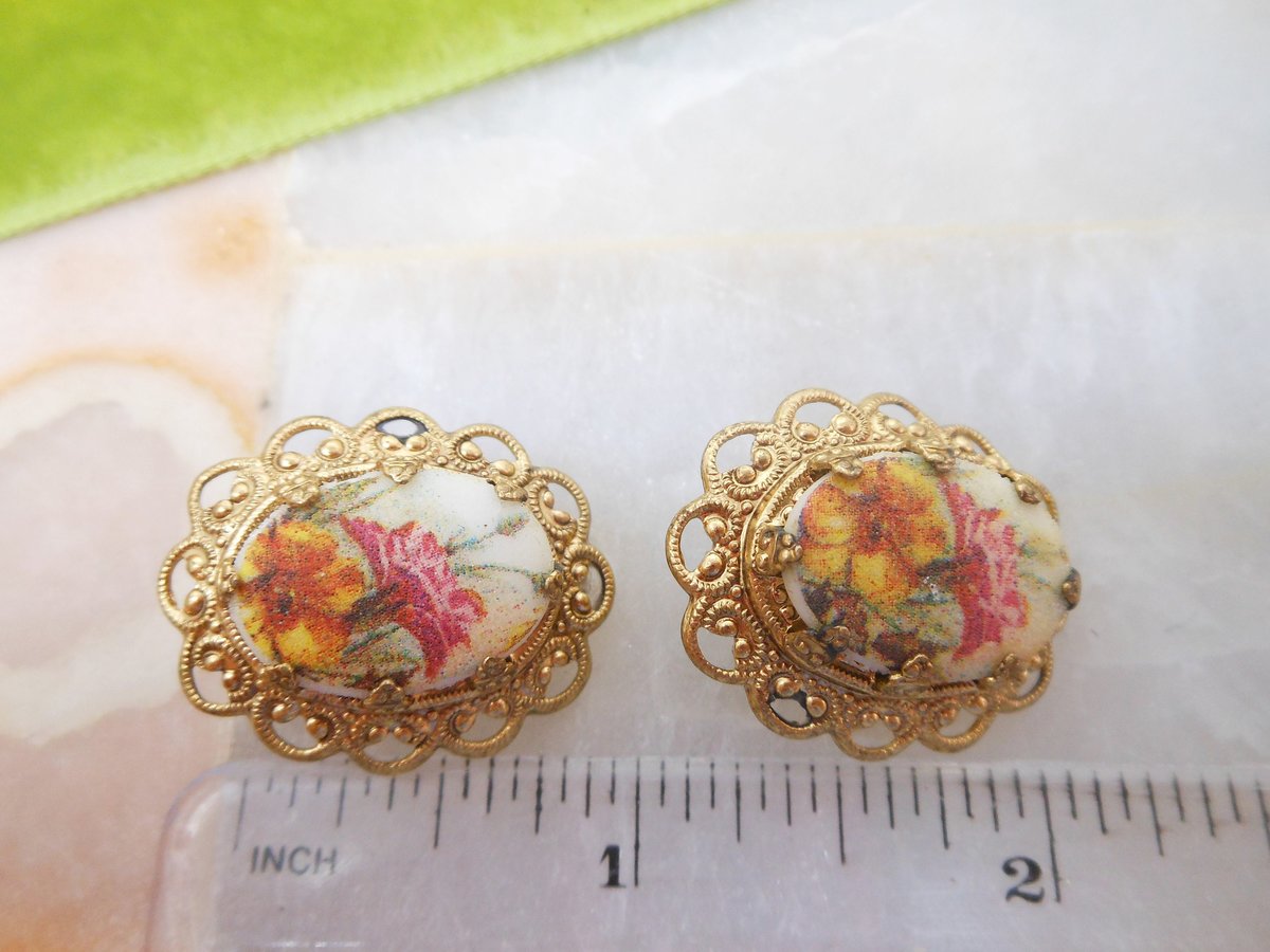 Vintage WEST GERMANY Flower Ornate Earrings Clip On Textured Glass Filigree Victorian Revival Jewelry Gift Mid Century, VivianJoel.com