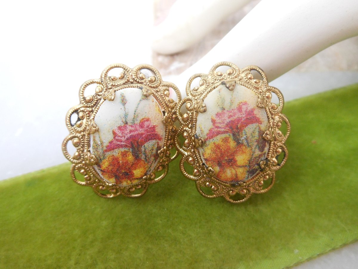 Vintage WEST GERMANY Flower Ornate Earrings Clip On Textured Glass Filigree Victorian Revival Jewelry Gift Mid Century, VivianJoel.com