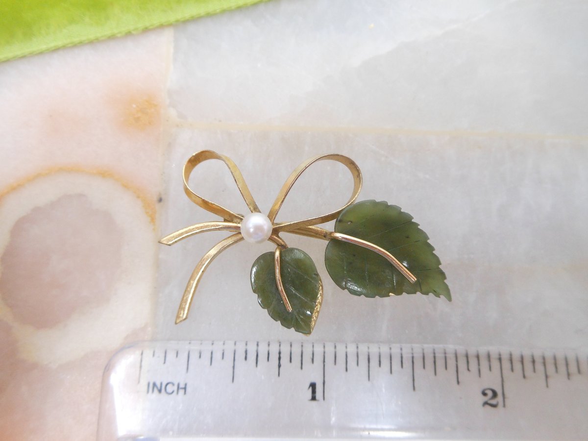 Vintage WELLS Jade Brooch Leaf Pearl Designer Pin Gold Fill Bow GF Petite Mid Century Jewelry Gift, VivianJoel.com