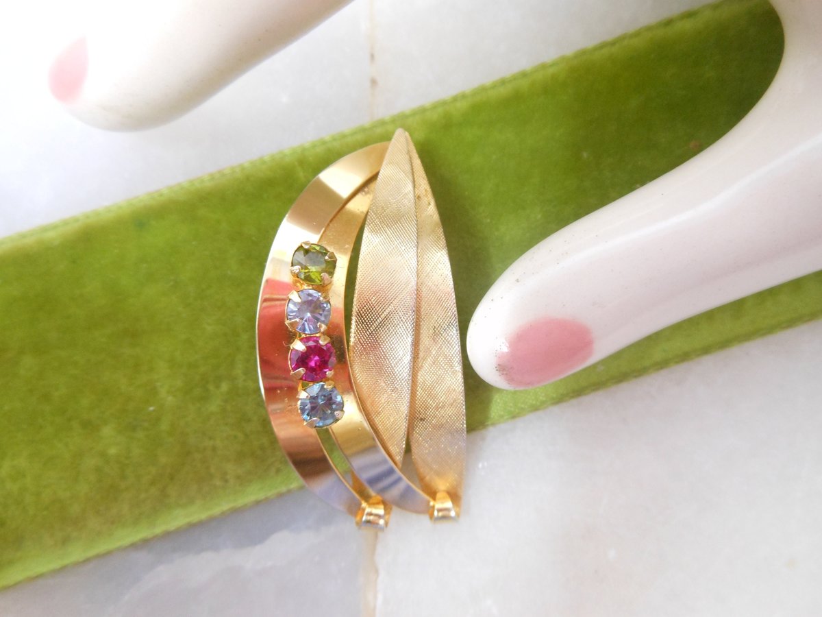 Vintage Designer Gold Fill Pin Brooch Fruit Salad Crystal Rhinestone Leaf GF Mid Century Jewelry Gift, VivianJoel.com