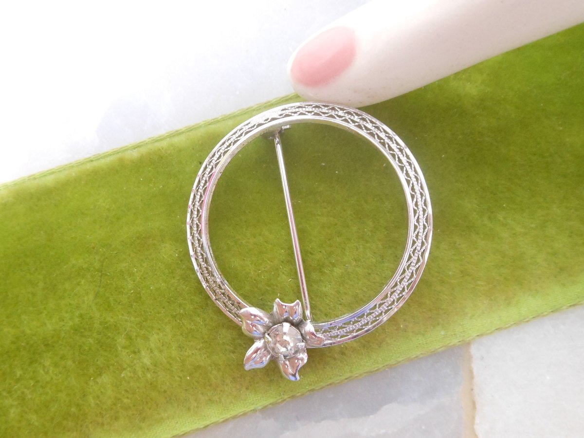 Vintage STERLING SILVER Brooch Designer HEDY Crystal Pin Circle Wreath 925 Mid Century Jewelry Gift, VivianJoel.com