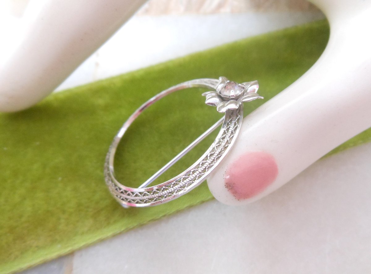 Vintage STERLING SILVER Brooch Designer HEDY Crystal Pin Circle Wreath 925 Mid Century Jewelry Gift, VivianJoel.com