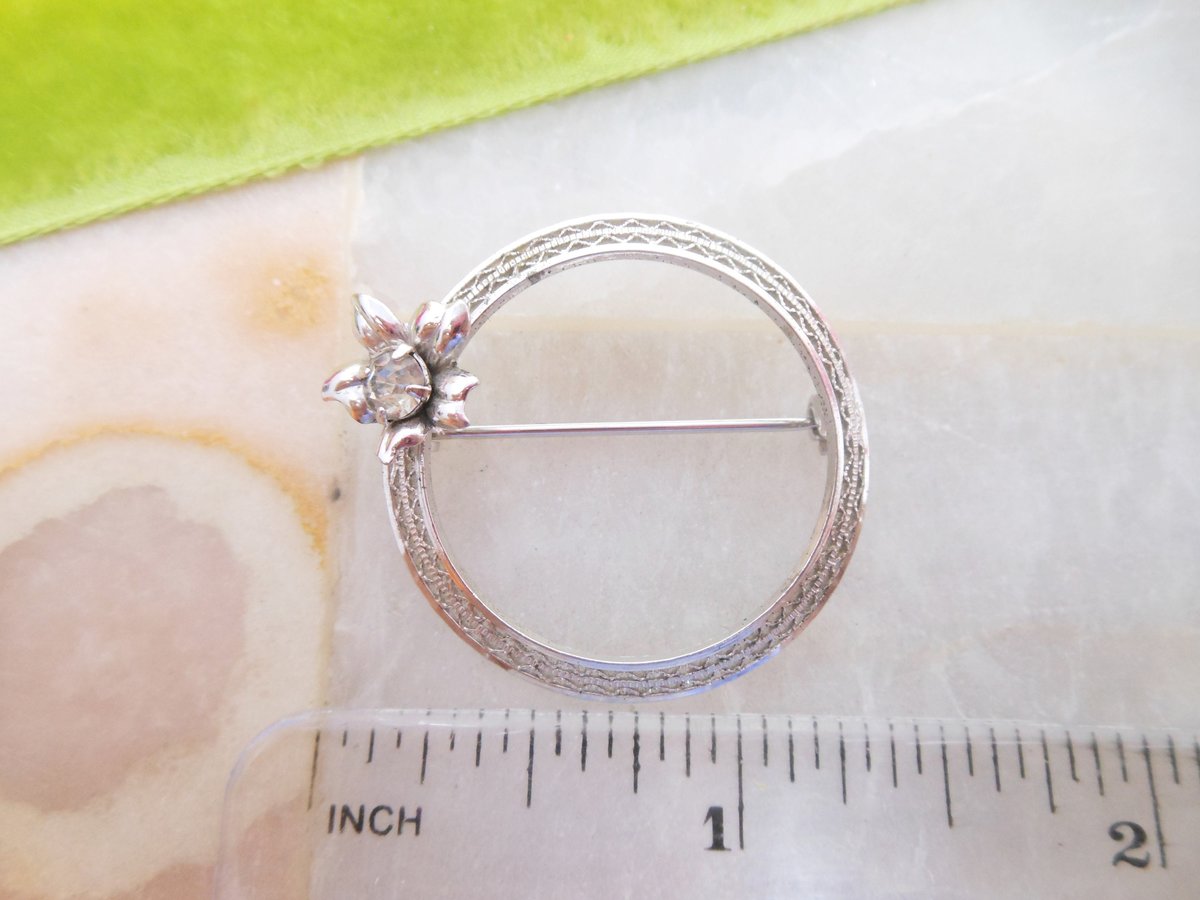 Vintage STERLING SILVER Brooch Designer HEDY Crystal Pin Circle Wreath 925 Mid Century Jewelry Gift, VivianJoel.com