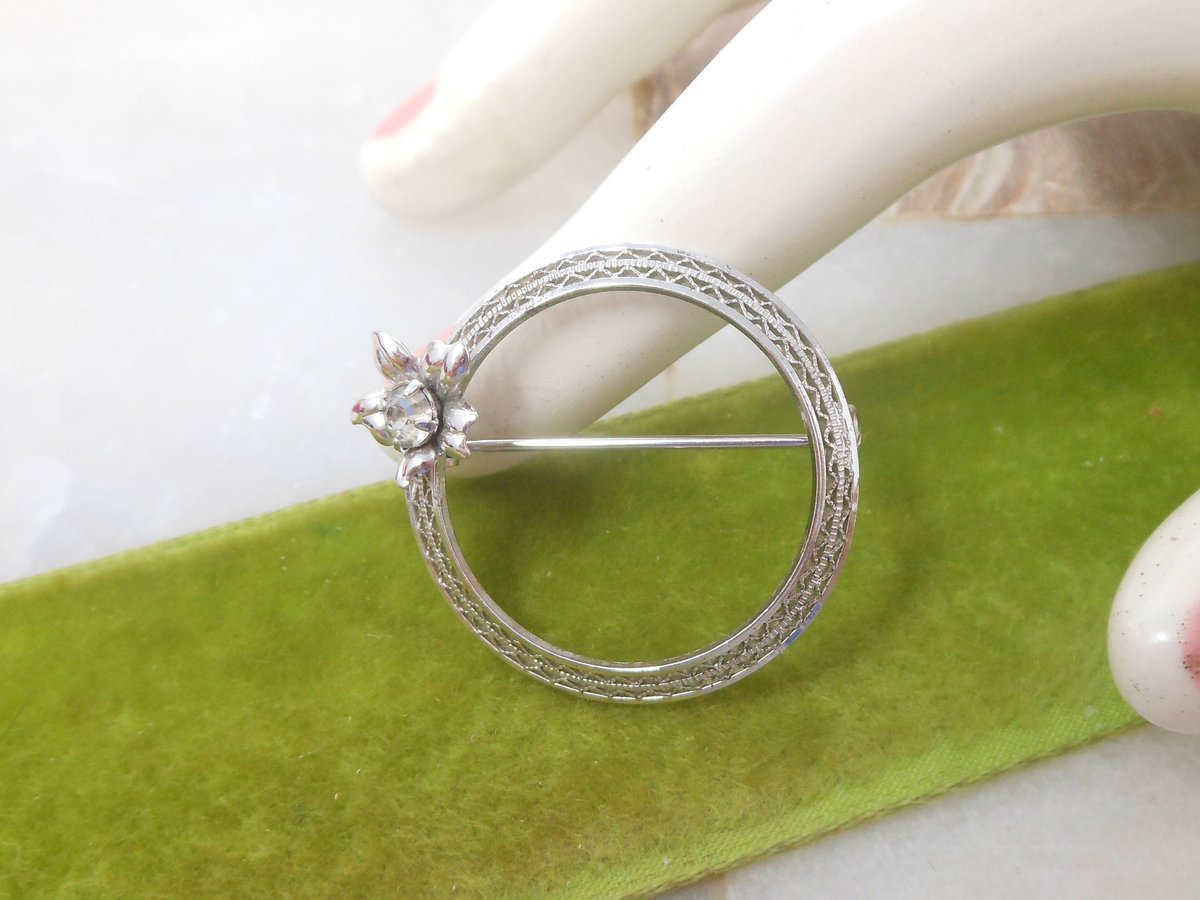 Vintage STERLING SILVER Brooch Designer HEDY Crystal Pin Circle Wreath 925 Mid Century Jewelry Gift, VivianJoel.com